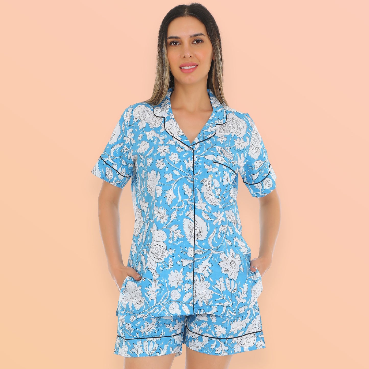 Cotton blue floral Shorts Set
