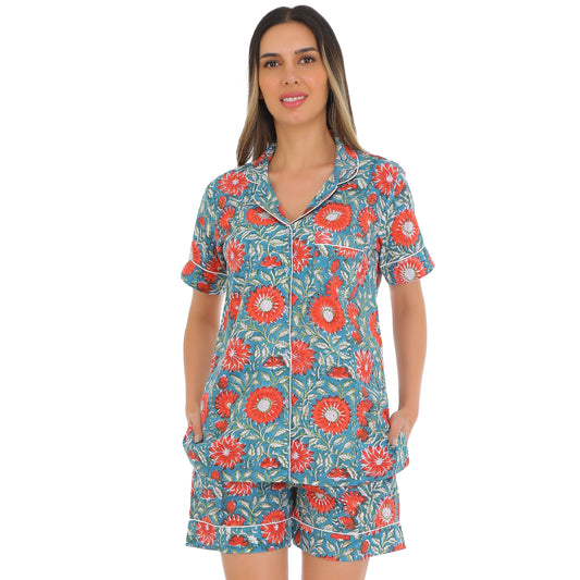 Gudnini Cotton Multicolor Printed Comfortable Night wear for women,Two Piece half Sleeves Button Down Shirt with shorts lounge wear for women