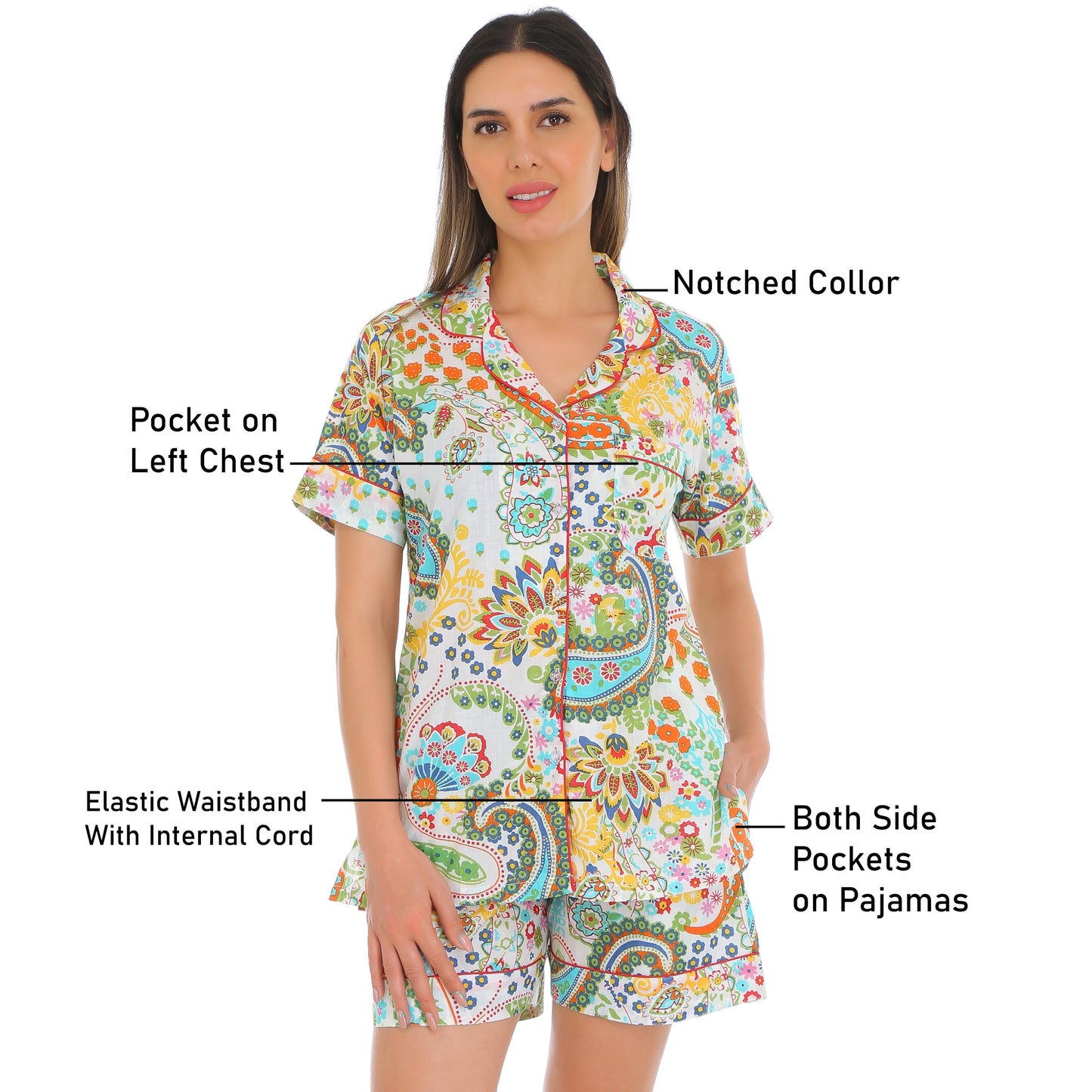 Gudnini Cotton Multi color Printed Comfortable Night wear for Women,Half Sleeves Button Down Shirt with shorts Loose fit night suit