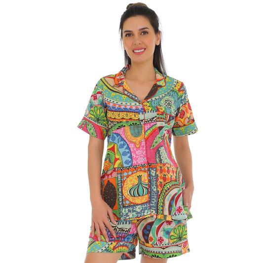 Gudnini Cotton Multi color Printed Loose fit nightwear for Women,Half Sleeves Button Down Shirt with shorts Lounge wear for Women