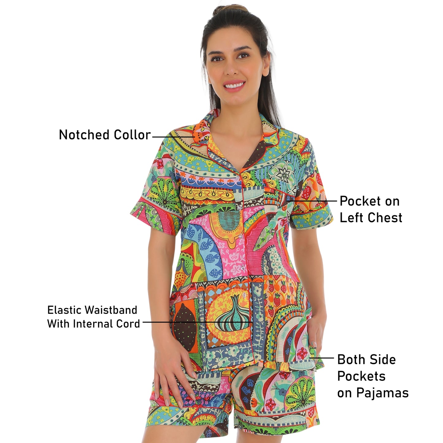 Gudnini Cotton Multi color Printed Loose fit nightwear for Women,Half Sleeves Button Down Shirt with shorts Lounge wear for Women