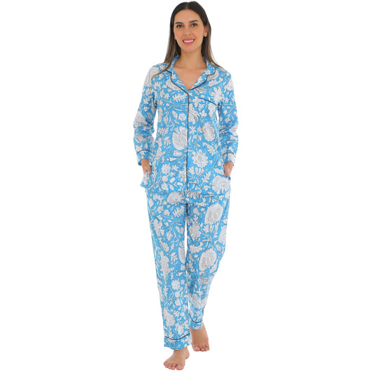 Gudnini Cotton Blue Printed Comfortable Night Suit, Two Piece full Sleeves Button Down Shirt with Pajama Loose fit Night wear for Women