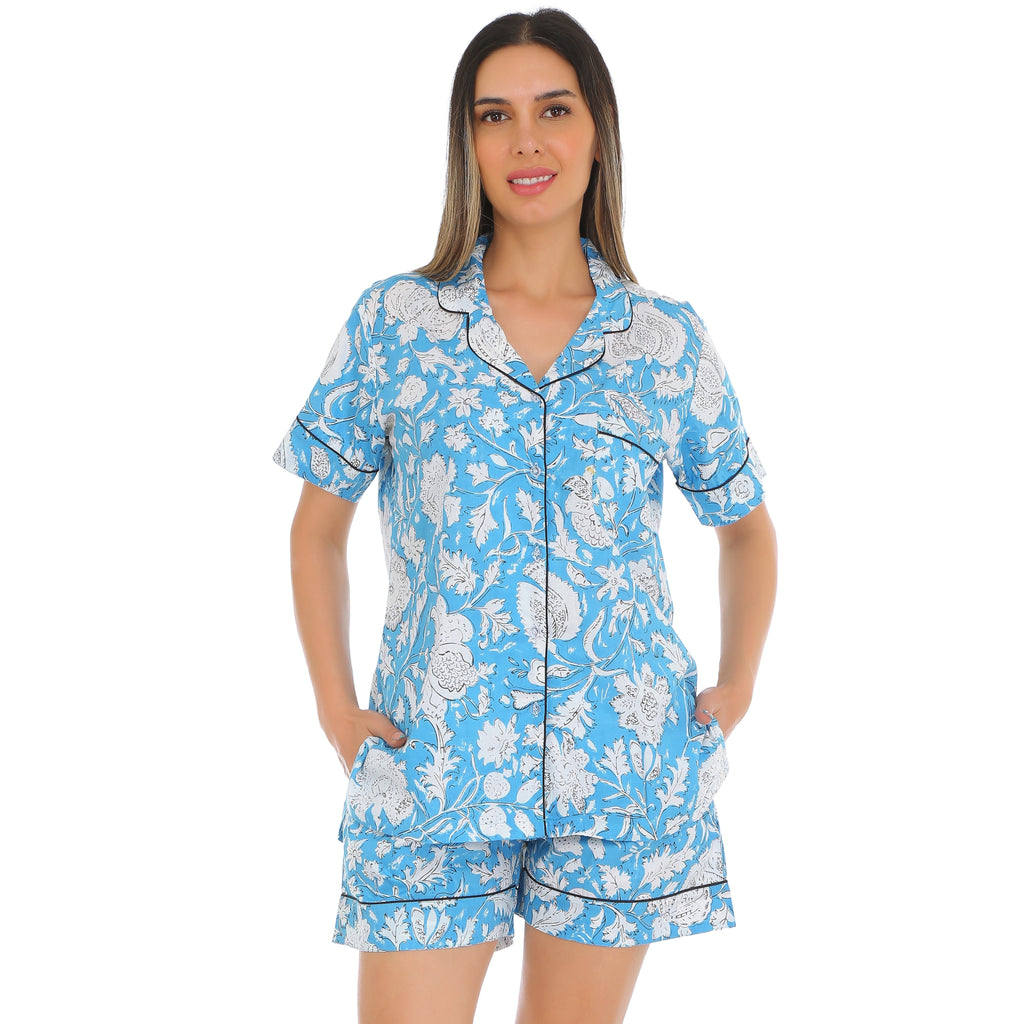 Cotton blue floral Shorts Set