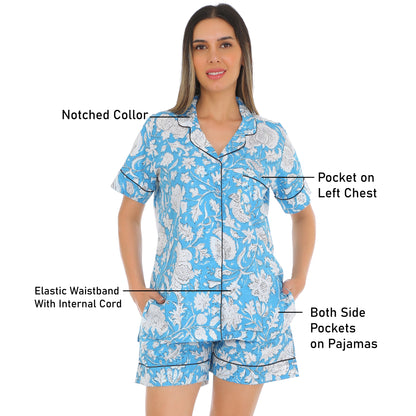 Gudnini Cotton Blue Printed Comfortable Night Suit, Two Piece half Sleeves Button Down Shirt with shorts Loose fit Night wear for Women