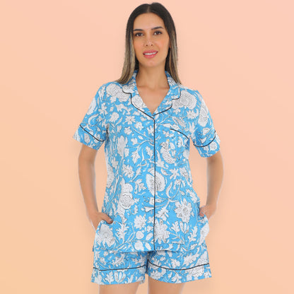 Gudnini Cotton Blue Printed Comfortable Night Suit, Two Piece half Sleeves Button Down Shirt with shorts Loose fit Night wear for Women