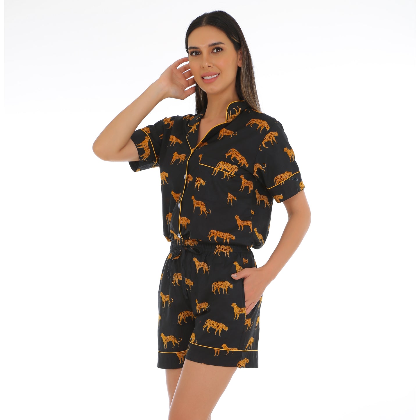 Gudnini Cotton Black Printed Comfortable Night wear for women,Two Piece half Sleeves Button Down Shirt with shorts lounge wear for women
