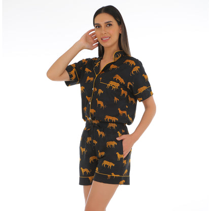 Gudnini Cotton Black Printed Comfortable Night wear for women,Two Piece half Sleeves Button Down Shirt with shorts lounge wear for women