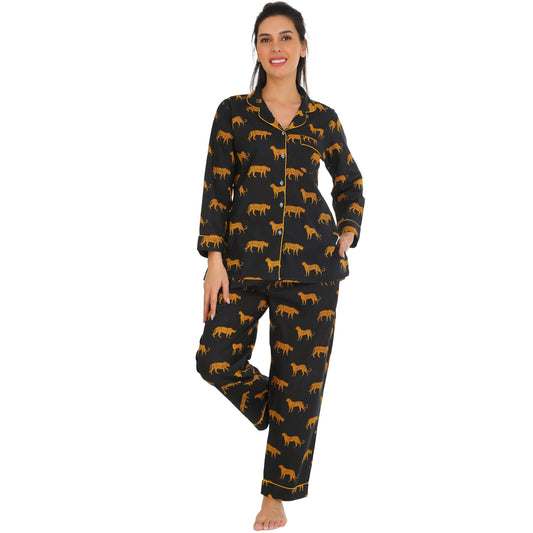 Gudnini Cotton Black Printed Comfortable Night wear for women,Two Piece full Sleeves Button Down Shirt with Pajama lounge wear for women