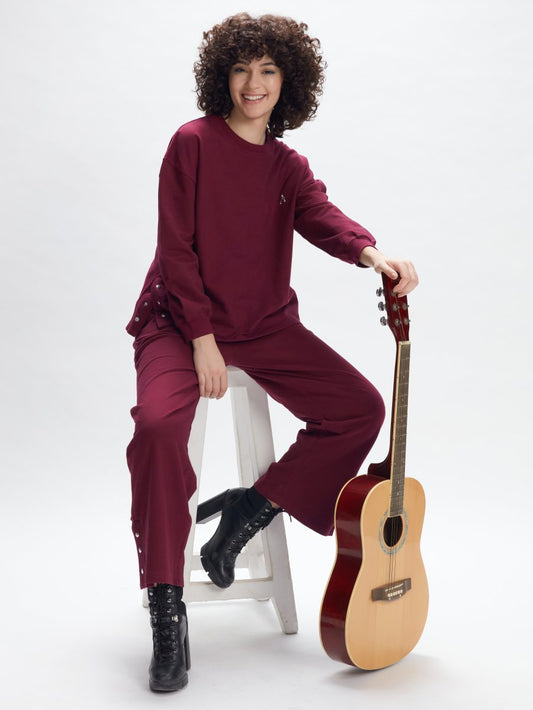 Gudnini AMPK Melodic Wine Color Side Split Sweatshirt,Crewneck Long Sleeve Comfortable Designer Casual Pullover for Women