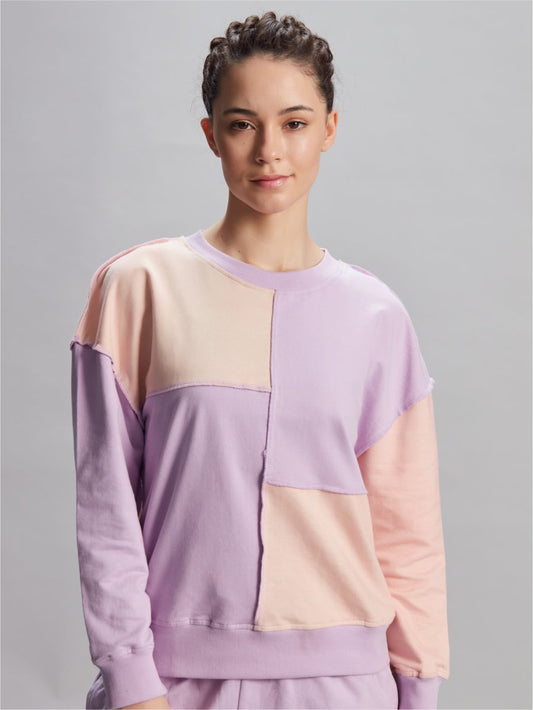 Gudnini AMPK Rosy Block Sweatshirt, Casual Long Sleeve Crew Neck Comfortable Designer Pull Over for Women