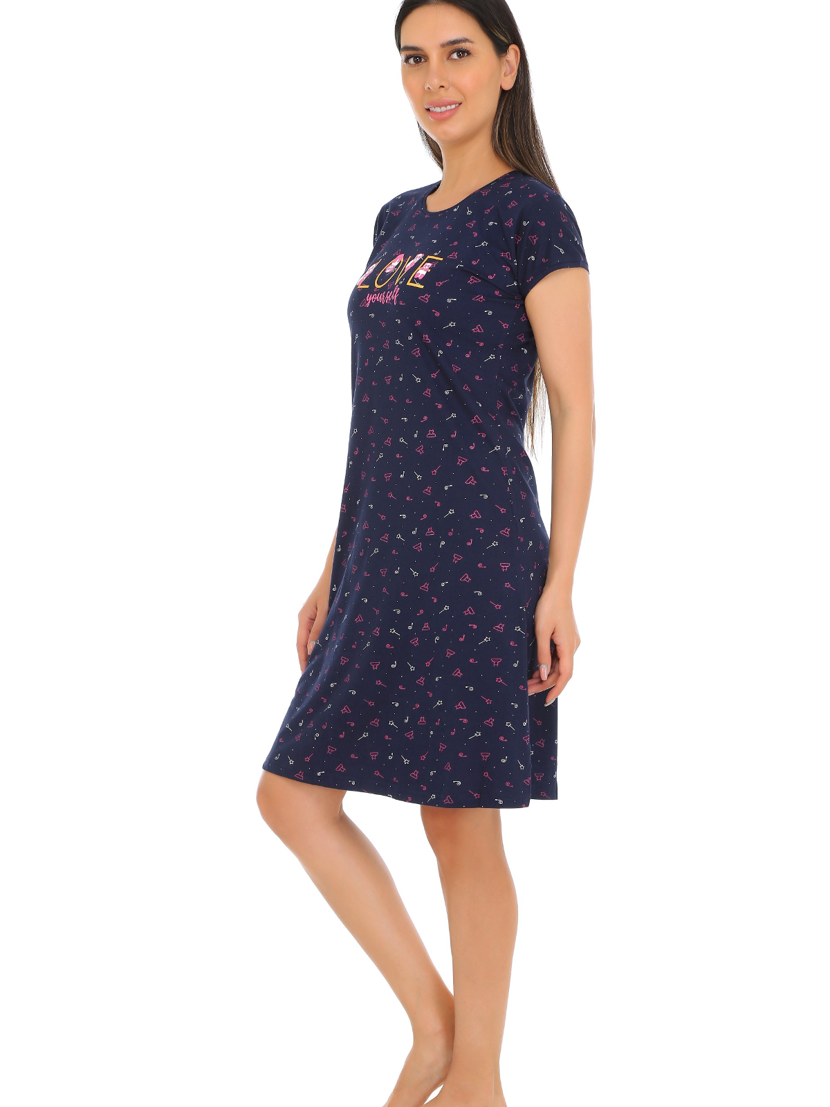 Gudnini Printed Knee Length Mini Dress,Printed Short Night Dress for Women Relax Nightgown Sleepwear Dress Print Lounge Wear