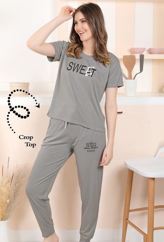 Gudnini-Stylish-Soft-Fabric-Text-Printed-Crop-Top-Narrow-Bottom-Set-Grey