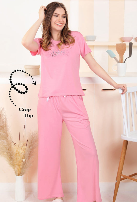 Gudnini-Stylish-Soft-Fabric-Text-Embosed-Crop-Top-Plazo-Set-B-Pink