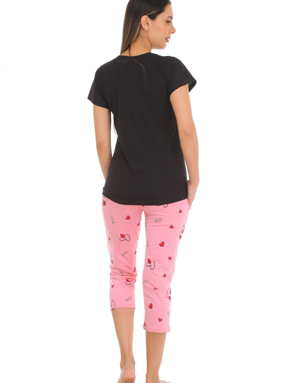 Gudnini Hosiery Printed Capri Set,Half Sleeves Tshirt With Capri Night Suit Sleepwear Nightwear Nightdress Loungewear for Women